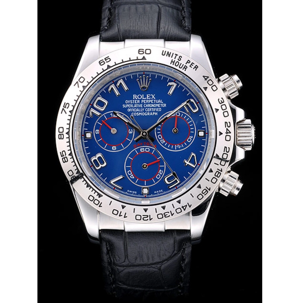Aaa replica watch Case Steel Black Dial Rolex Daytona Stainless Blue Strap Leather 0625